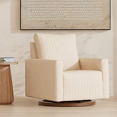 Babyletto Poe Cream Chenille Nursery Swivel Glider with Dark Wood Base