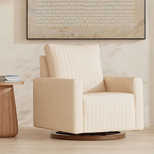 Babyletto Poe Cream Chenille Nursery Swivel Glider with Dark Wood Base