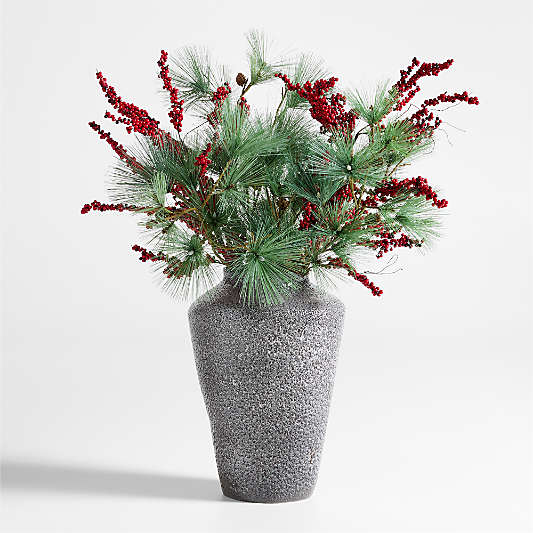 Needle Pine Stem & Mini Red Berry Arrangement in Poe Black Volcanic Vase