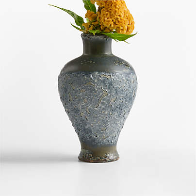 Pompeii Blue Ceramic Low Wide Urn Vase 9"