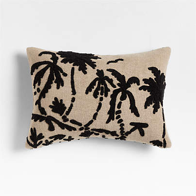 Praia Reversible Embroidered Palm Tree Striped 22x15 Ink Black Throw Pillow with Feather Insert