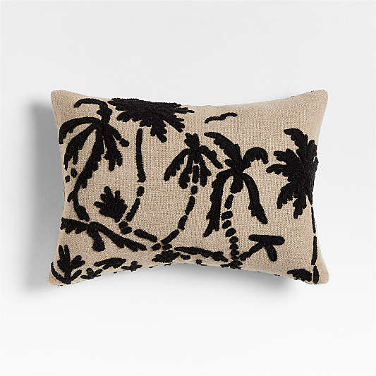 Praia Reversible Embroidered Palm Tree Striped 22"x15" Ink Black Throw Pillow with Down-Alternative Insert