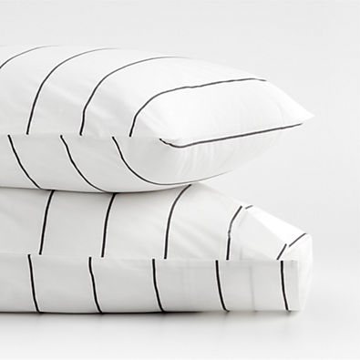 View Organic Percale Cotton Striped Pewter Grey Standard Pillowcases, Set of 2 details