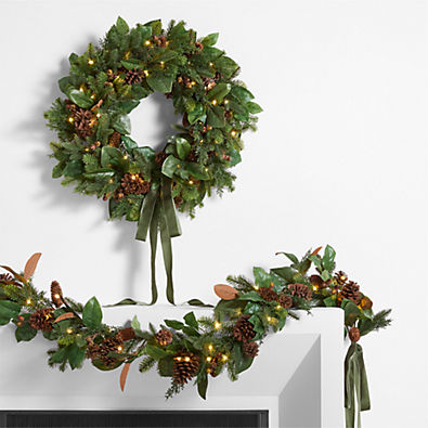 View Pre-Lit Pine & Magnolia Holiday Wreath & Garland Set details