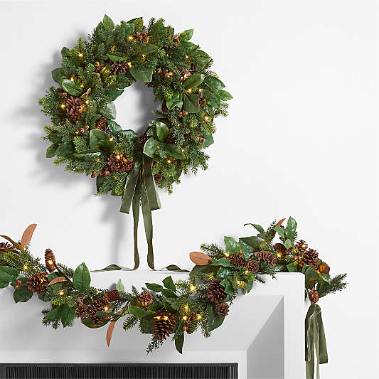 Faux Magnolia and Pinecone Pre-Lit Holiday Pine 28" Wreath and 6' Garland