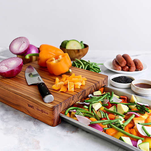 Prep to Pan Teak Edge-Grain Cutting Board with Quarter Sheet Pan