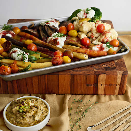 Prep to Pan Teak End-Grain Cutting Board with Quarter Sheet Pan