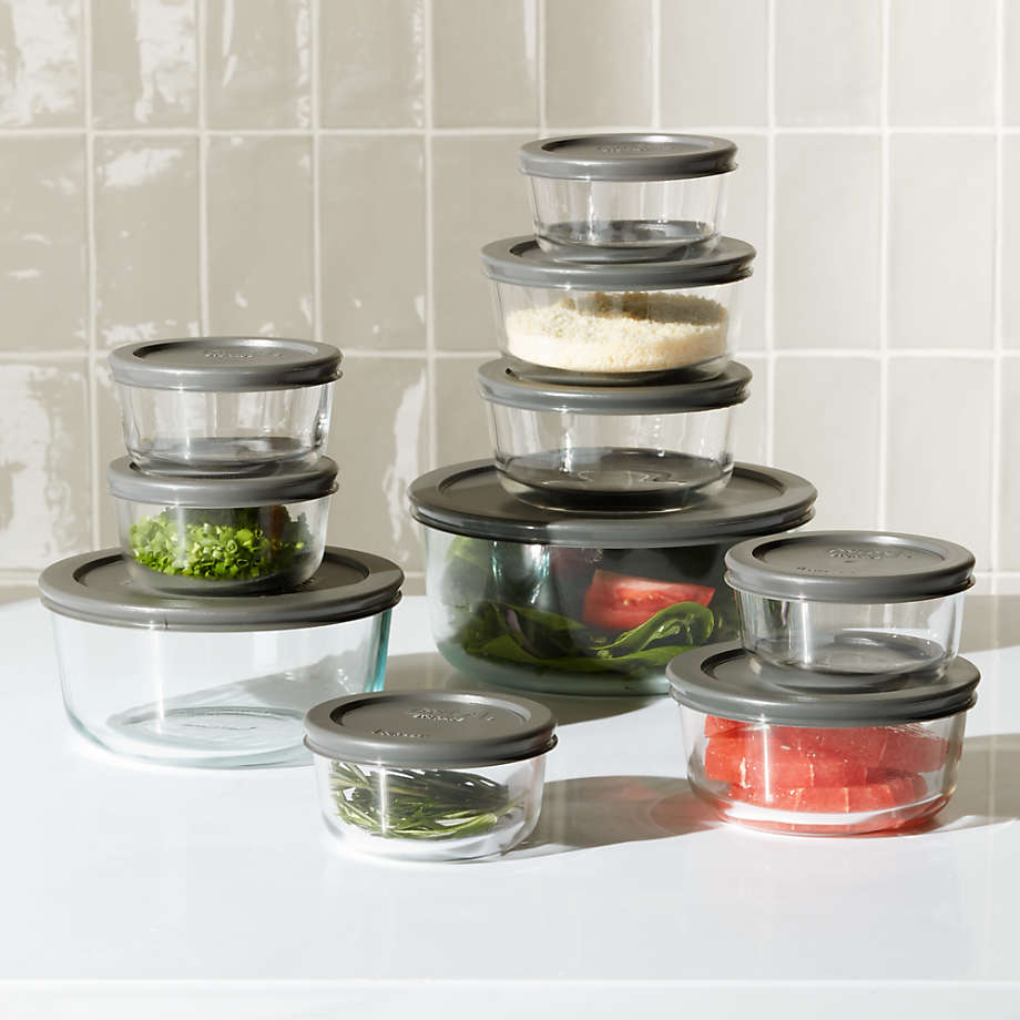 10 glass food containers with grey lids