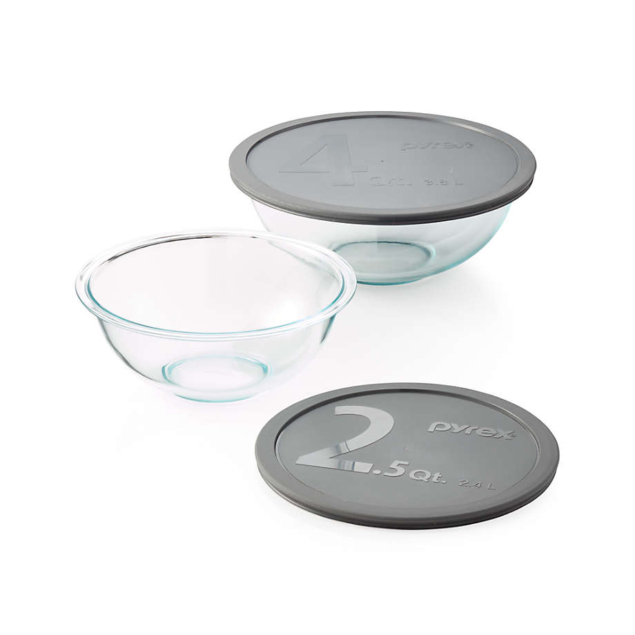 Pyrex Glass Bowls with Grey Lids, Set of 2