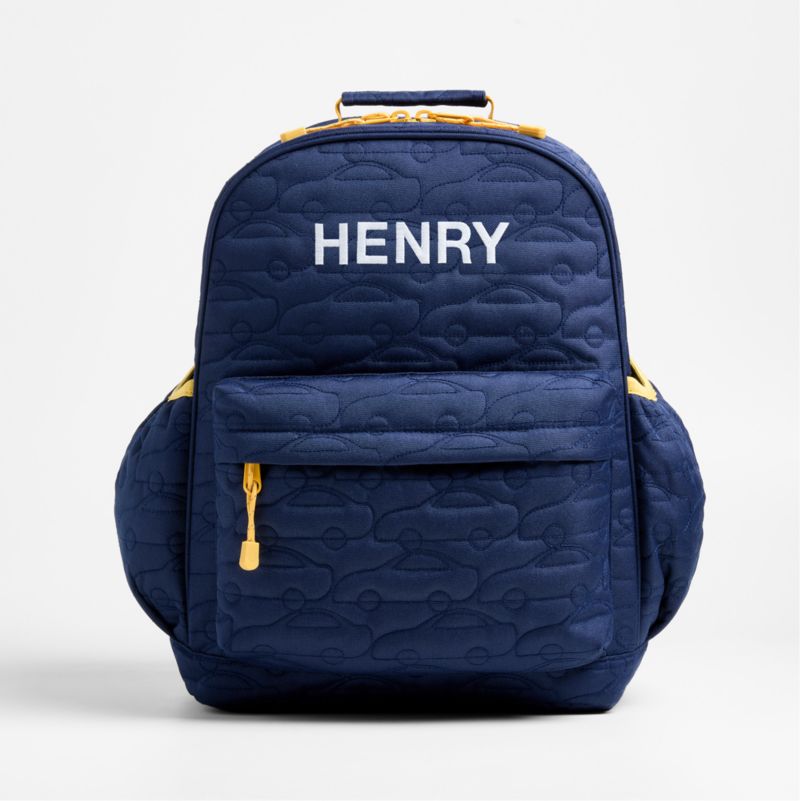 Quilted Blue Car Kids Backpack with Side Pockets
