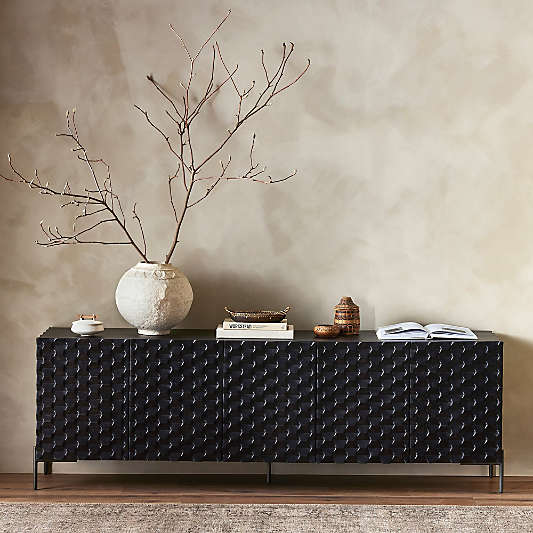 Raffael 82" Black Carved Wood Storage Media Console