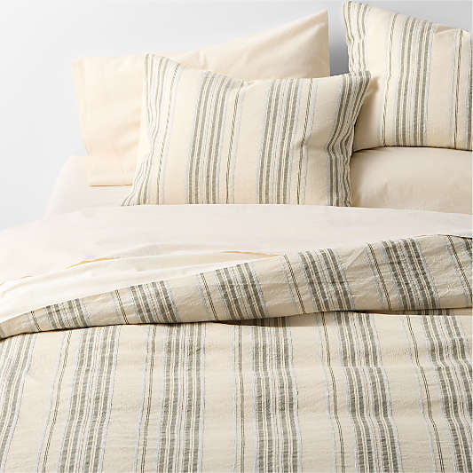 Raised Stripe Organic Cotton Linen Shadow Sage Green and Mist Blue Full/Queen Duvet Cover