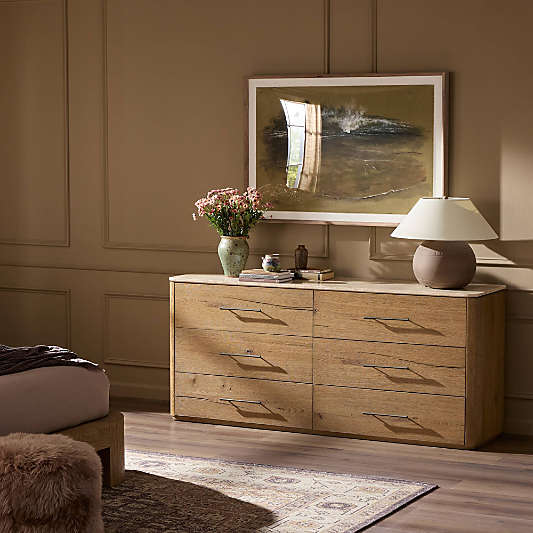 Raleigh 72" Oak Wood and Marble 6-Drawer Dresser