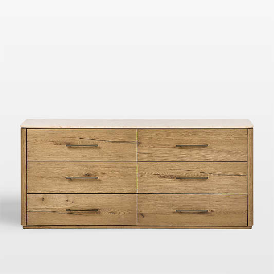 Raleigh 72" Oak Wood and Marble 6-Drawer Dresser