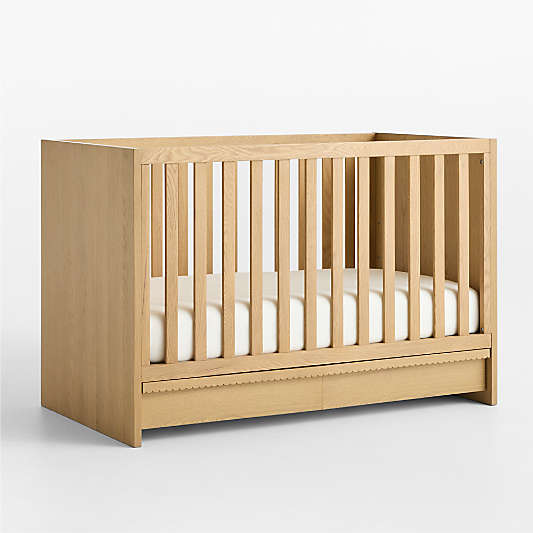 Raya Natural Oak Wood Convertible Baby Crib with Storage and Toddler Bed Rail