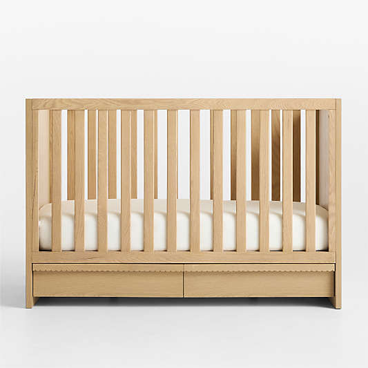 Raya Natural Oak Wood Convertible Baby Crib with Storage and Toddler Bed Rail