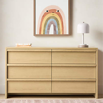 Raya 58" Natural Oak Wood Wide 6-Drawer Kids Dresser