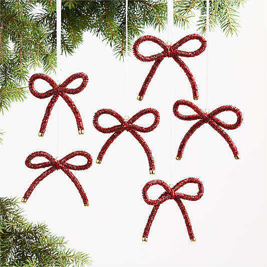 Red Beaded Bow Christmas Tree Ornament Set of 6