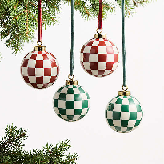 Red and Green Checkered Christmas Tree Ornaments, Set of 4