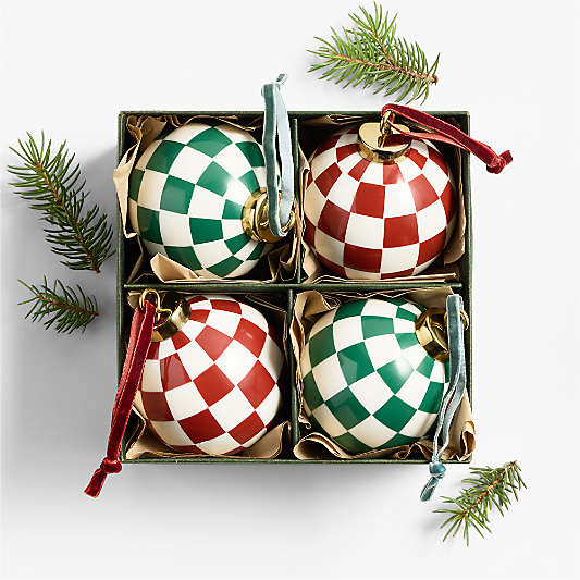 Red and Green Checkered Christmas Tree Ornaments, Set of 4