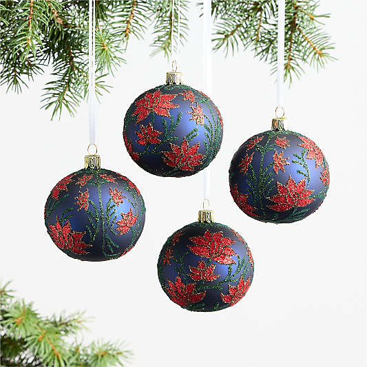 European Red Poinsettia Ball Christmas Tree Ornament, Set of 4