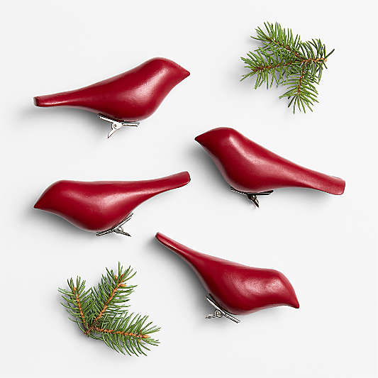 Red Wood Bird Christmas Tree Ornament Clip, Set of 4