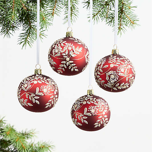 European Red and White Botanical Ball Christmas Tree Ornament, Set of 4