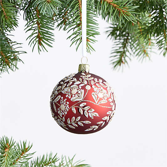 European Red and White Botanical Ball Christmas Tree Ornament, Set of 4