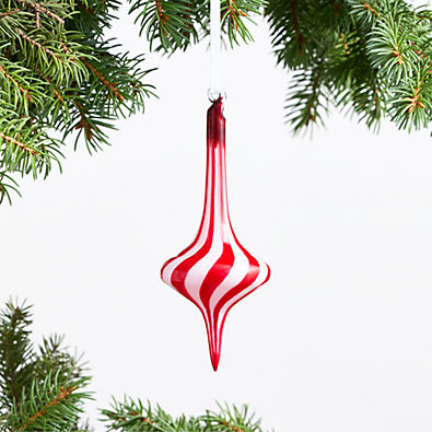 View Red and White Striped Glass Finial Christmas Tree Ornament details