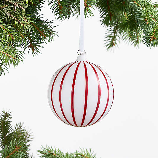 Red and White Wide Striped Glass Ball Christmas Tree Ornament