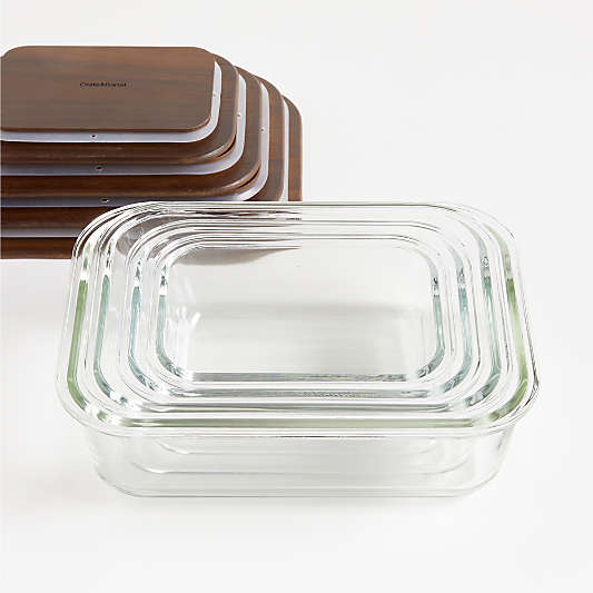 Crate & Barrel 8-Piece Rectangular Glass Food Storage Container Set with Dark Acacia Wood Lids