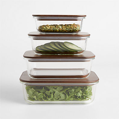 View Crate & Barrel 8-Piece Rectangular Glass Food Storage Container Set with Dark Acacia Wood Lids details