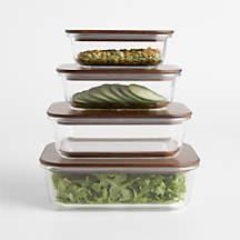 Crate & Barrel 8-Piece Rectangular Glass Food Storage Container Set with Dark Acacia Wood Lids + Reviews | Crate & Barrel