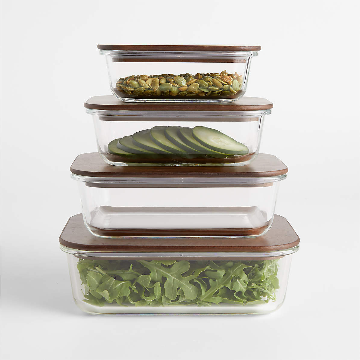 Crate & Barrel 8-Piece Rectangular Glass Storage Containers with Dark Wood Lids | Crate & Barrel