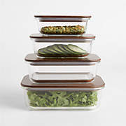 Crate & Barrel 8-Piece Rectangular Glass Food Storage Container Set with Dark Acacia Wood Lids