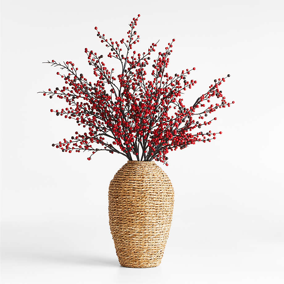 Faux Red Berry Stems in Large Woven Vase 55