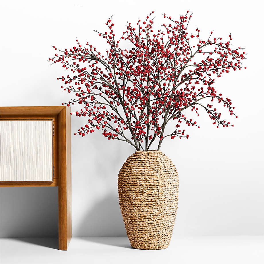 Faux Red Berry Stems in Large Woven Vase 55