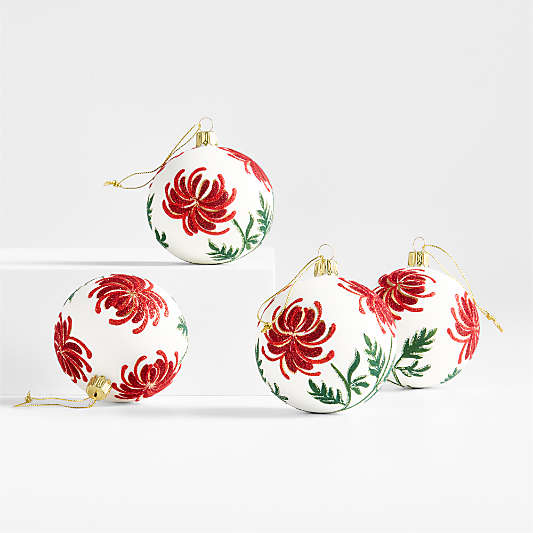 European Red Chrysanthemum Christmas Tree Ornament, Set of 4