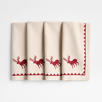 View Red Cross Stitch Holiday Reindeer Dinner Napkins, Set of 4 details