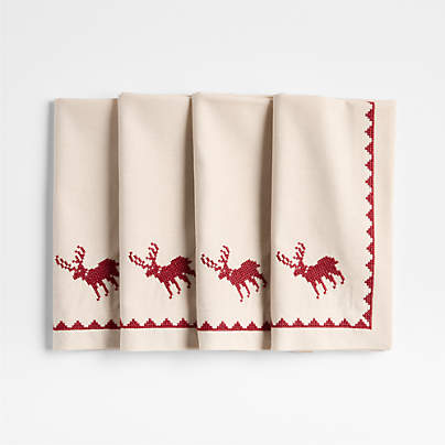 Red Cross Stitch Reindeer Dinner Napkins, Set of 4