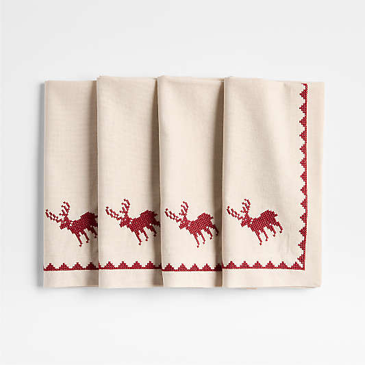 Red Cross Stitch Holiday Reindeer Dinner Napkins, Set of 4