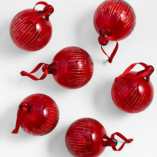 Red Etched Glass Ball Christmas Tree Ornaments, Set of 6