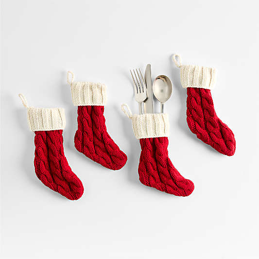 Holiday Cable Knit Red Mini Stocking Flatware Holders, Set of 4
