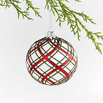 View Red and Green Glitter Plaid White Glass Ball Christmas Tree Ornament details