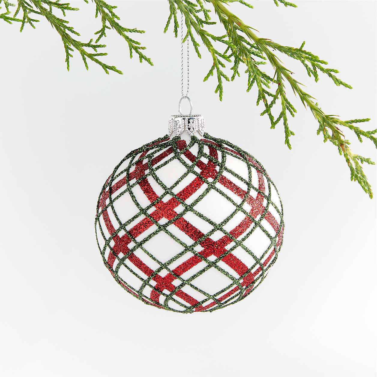 Red and Green Glitter Plaid White Glass Ball Christmas Tree Ornament Crate & Barrel