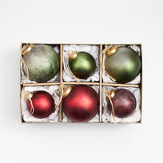 Textured Red and Green Glass Ball Christmas Tree Ornaments, Boxed Set of 6