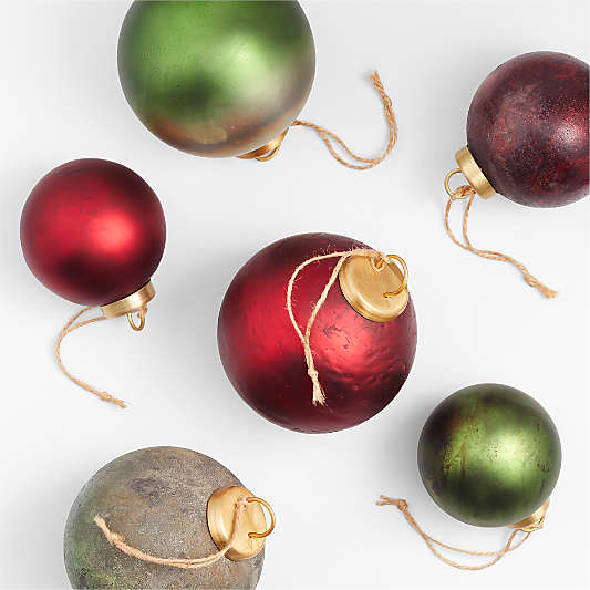 Textured Red and Green Glass Ball Christmas Tree Ornaments, Set of 6