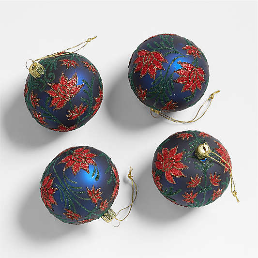 Red Poinsettia Ball Christmas Tree Ornament, Set of 4