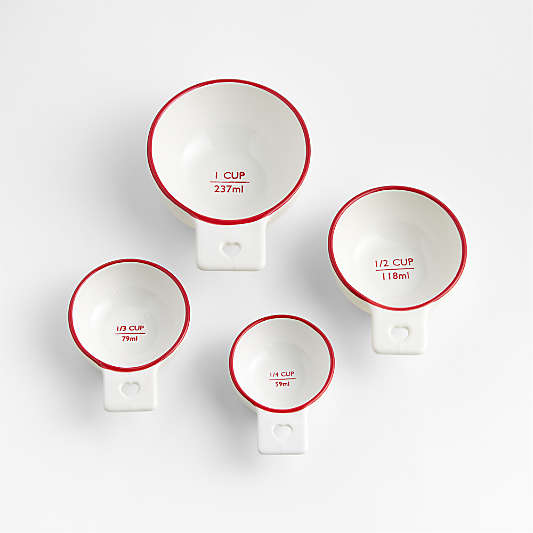 Red Rim Heart Handle Ceramic Measuring Cups,Set of 4