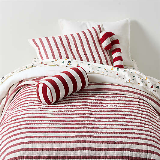 Red and White Harriet Stripe Velvet Kids Bolster Pillow